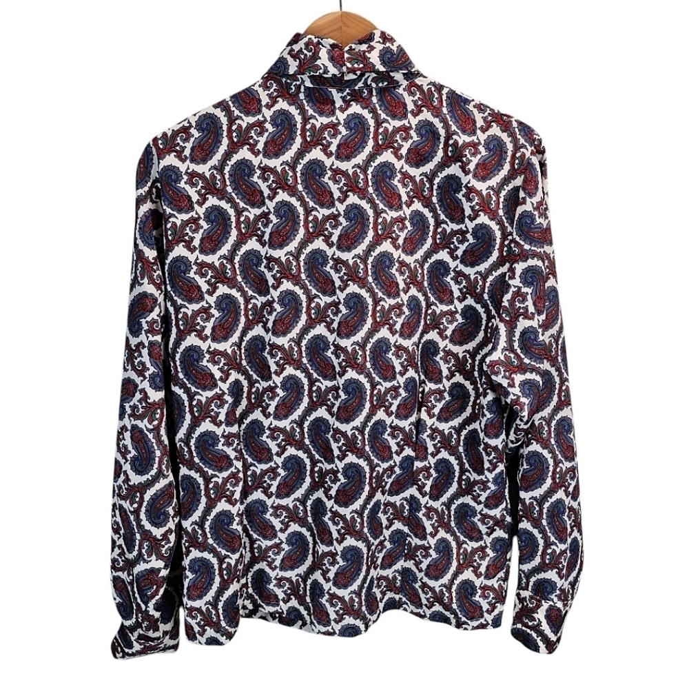 Vintage 1970s Leslie Fay Paisley Bow Collar Blouse Size Medium Red White Retro - Picture 11 of 15
